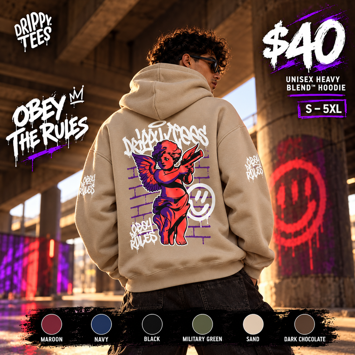 DTO Obey The Rules Trendy Unisex Heavy Blend™ Hoodie with Urban Angel Design - Perfect for Streetwear Lovers