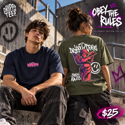 Drippy Tee's Obey The Rules Bold Graphic Unisex Heavy Cotton Tee - Angel & Smile Design