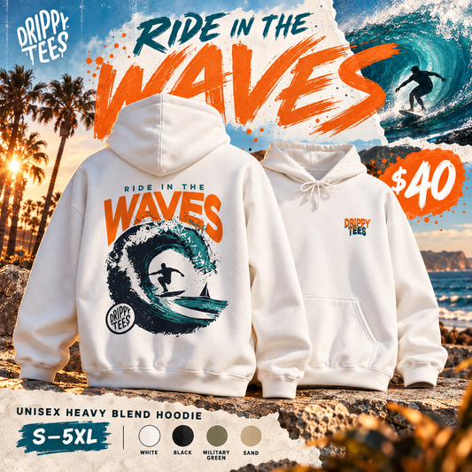 DTO Ride In The Waves Surf Vibes Unisex Heavy Blend™ Hooded Sweatshirt - 'Ride the Waves' Design