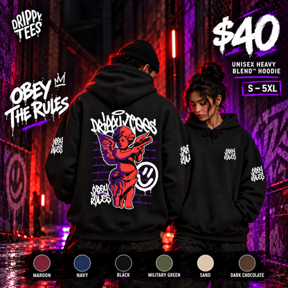 DTO Obey The Rules Trendy Unisex Heavy Blend™ Hoodie with Urban Angel Design - Perfect for Streetwear Lovers