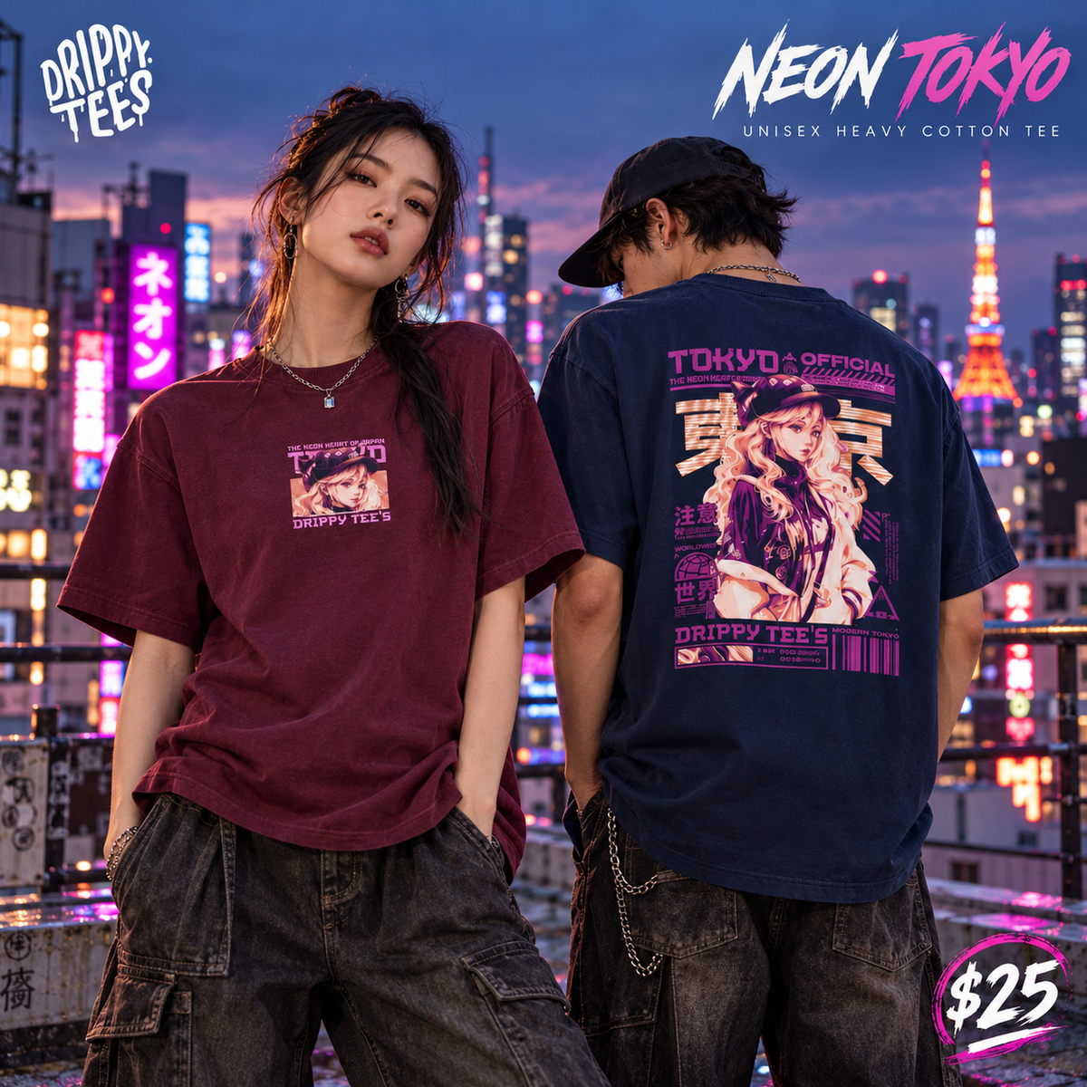 Drippy Tee's Neon Tokyo Unisex Heavy Cotton Tee