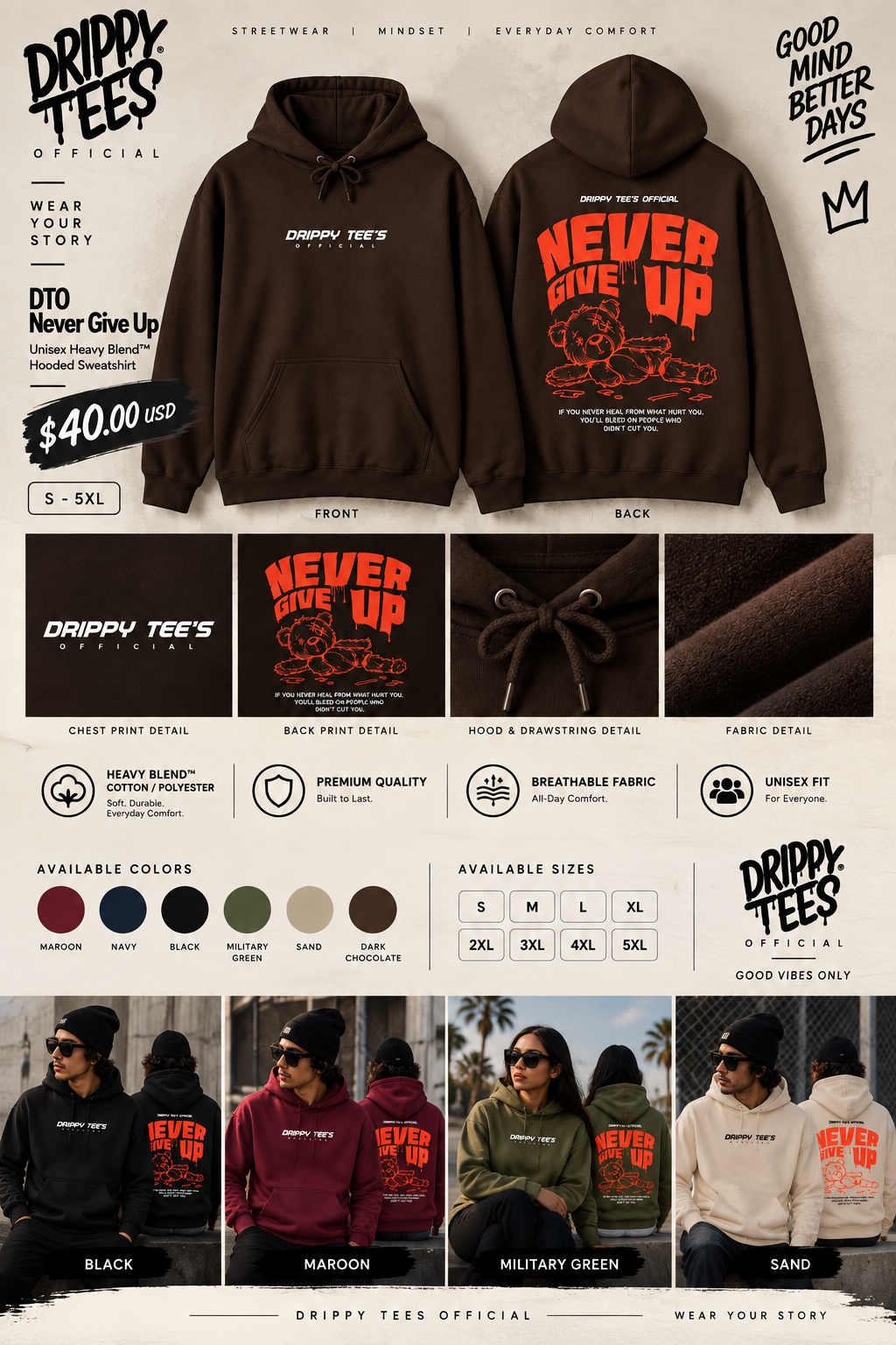 DTO Never Give Up Unisex Heavy Blend™ Hooded Sweatshirt