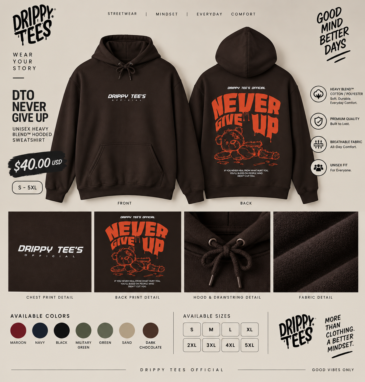 DTO Never Give Up Unisex Heavy Blend™ Hooded Sweatshirt