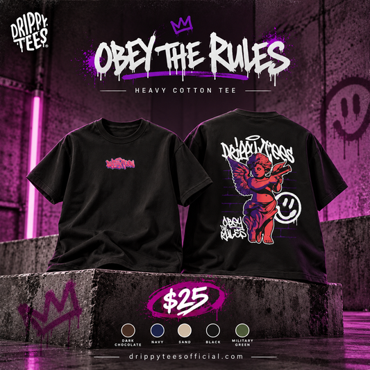 Drippy Tee's Obey The Rules Bold Graphic Unisex Heavy Cotton Tee - Angel & Smile Design