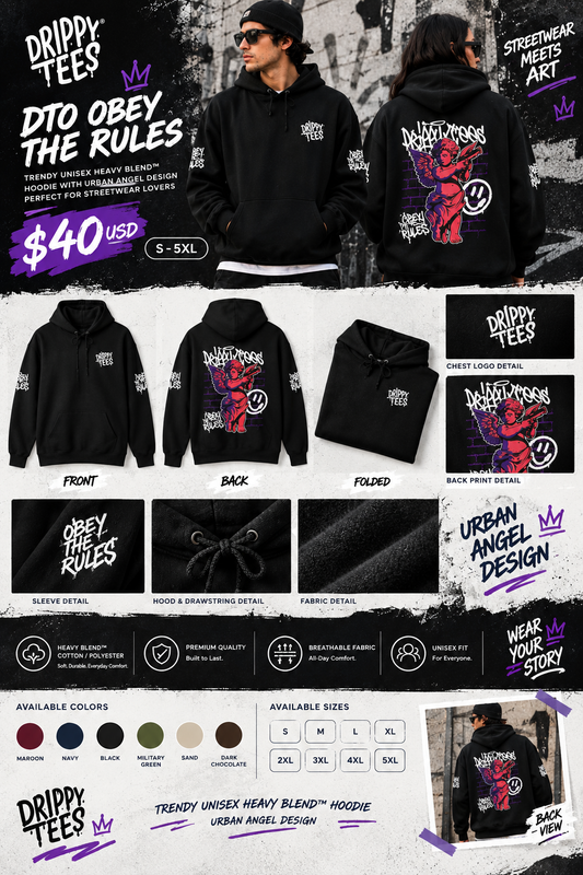 DTO Obey The Rules Trendy Unisex Heavy Blend™ Hoodie with Urban Angel Design - Perfect for Streetwear Lovers